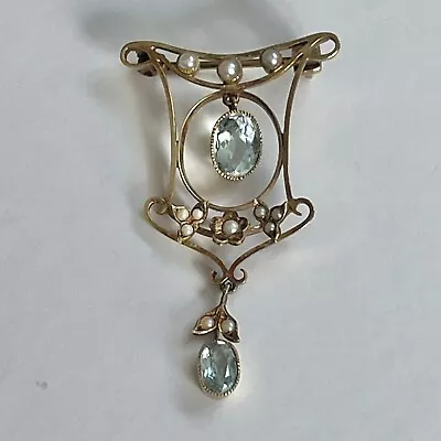 15ct Gold Aquamarine & Seed Pearl Drop Brooch 3.9g Antique Edwardian Art Nouveau • £275