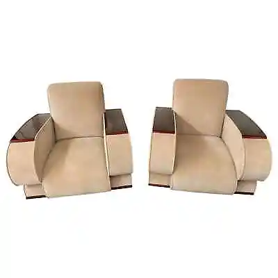 French Art Deco Club Or Lounge Chair In Beige Suede Upholstery A Pair • $5500