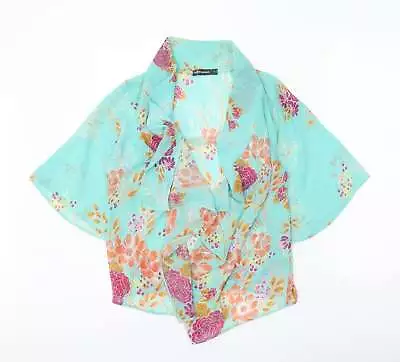 Internacionale Womens Blue Floral Polyester Kimono Blouse Size 6 V-Neck • £5.50