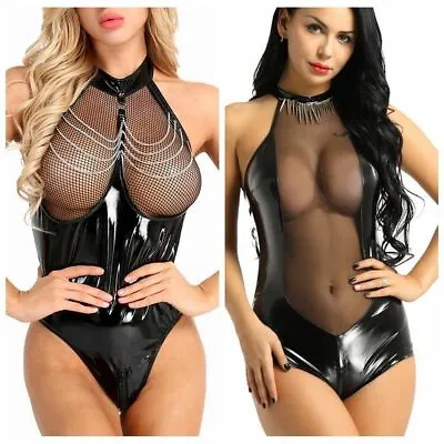 PVC Wetlook Leather Catsuit Zip Crotch Jumpsuit Bodysuit Women Clubwear Lingerie • £8.18