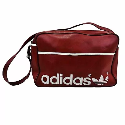 VTG Adidas 70s Red Faux Leather Duffle Bag Gym Shoulder Strap Yugoslavia Trefoil • $119.95