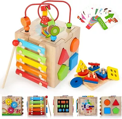 Wooden Activity Cube Baby Toys 8-in-1 Educational Toy Set 12+ Months Pink Box • £18