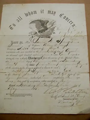 $195 • Buy York Pennsylvania Civil War Soldier Discharge 200th Pvi 1865