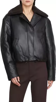 $1495 Vince Womens Leather Jacket XS Black Lambskin Shearling Fur Collar Puffer • $314.99