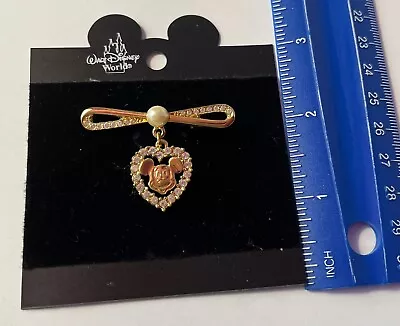 Vintage Disney World Mickey Mouse Face Dangle Rhinestones Gold Tone Brooch Pin • $18
