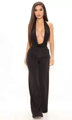 New Sexy Black Sexy NYE Slinky PLUNGING LOW Cowl Neck Jumpsuit Size L (12-14) • £14.99