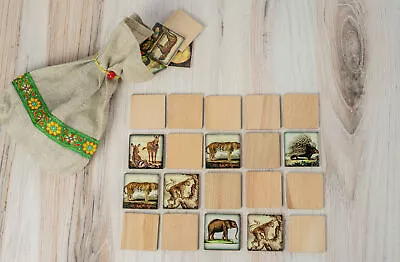 Wooden Memory Matching Game With A Linen Storage Bag Zoo Animals • $51.50