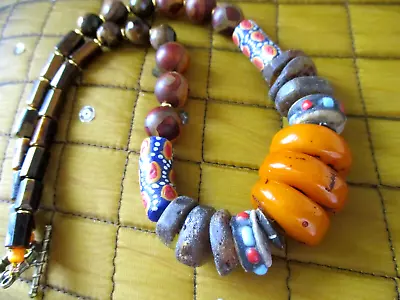 Moroccan Amber Necklace Ethnic Tribal Boho Tiger Eye African Krobo Agate • $49.99