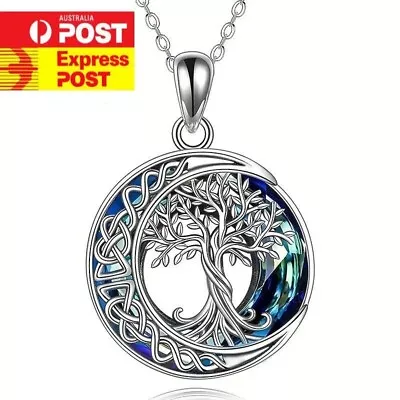 Silver Celtic Family Tree Of Life Necklace For Women Round  Crystal Pendant • $7.61