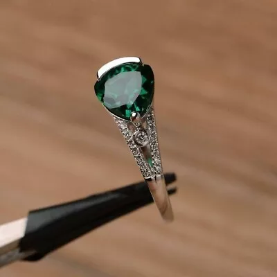 2Ct Trillon Lab Created Green Emerald Diamond Wedding Ring 14K White Gold Plated • $109.99