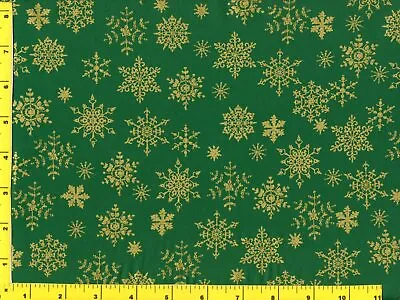 Metallic Gold Snowflakes On Green Christmas Quilting Sewing Fabric By Yard #3135 • $5.36