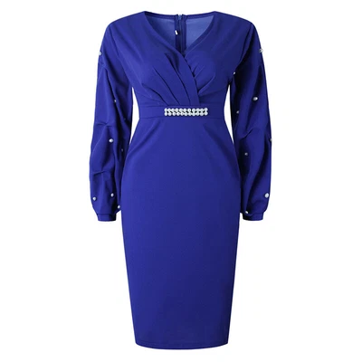 $0.99 • Buy Women's Fashion Autumn And Winter Long Sleeved Pleated V-neck Bead Sexy Dress