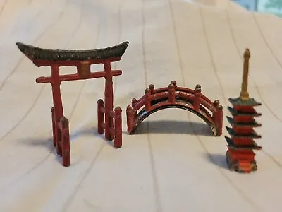 Vintage Lead Miniature Japanese Zen Garden Pagoda Bridge Gate Set Of 3 • $39