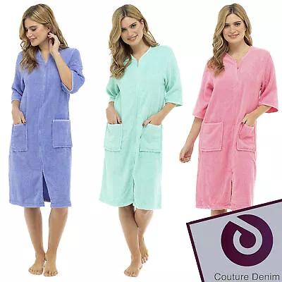 Ladies Terry Towelling Zip Front Dressing Gown Bath Womens Robe Wrap Hotel Chic • £21.99