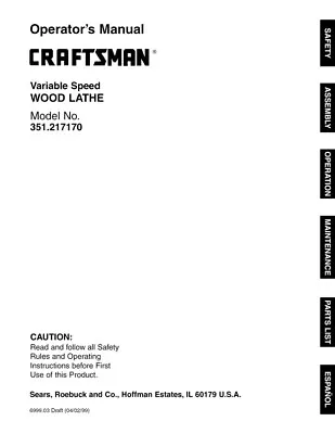 Owners Manual Sears Craftsman Variable Speed Wood Lathe -  Model 351.217170 • $18.95