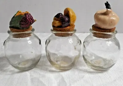 Glass Spice Jars W Veggie Cork Stoppers Small 4 Oz =Mushroom Onion Corn Set Of 3 • $18.99
