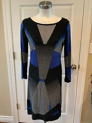 BCBG Max Azria Black Blue & White Geometric Patterned Dress Size Medium • $28.31
