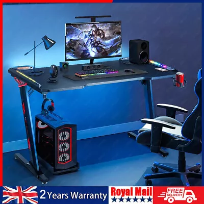 LED Ergonomic Gaming Desk Computer Table With Cup Holder Cable Management Black • £69.99