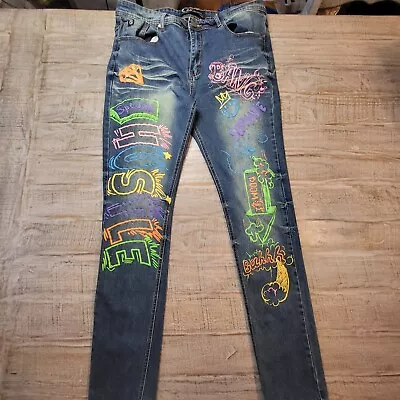 SWITCH REMARKABLE GRAPHIC Print Slim Taper Fit Jeans Mens 36X32 Stretch Distress • $49.95