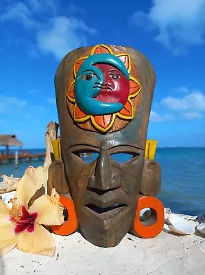 Exquisite Mayan Inspired Wooden Mask With Mexican Sun And Moon Artistry 10inch • $74.99