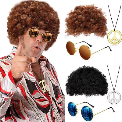 Mens 70s Disco Curly Afro Wigs Steampunk Sunglasses Necklace Hippie Costumes New • £14.05