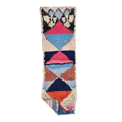 Moroccan Handmade Vintage Rug 2'3x7'3 Berber Geometric Pink & Blue Cotton Carpet • $238.20