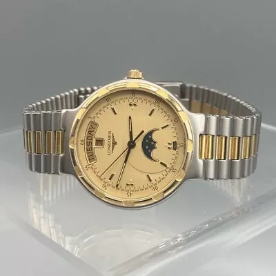 Vintage Longines Conquest Quartz Moon-Phase Day-Date Two-tone Watch • $590