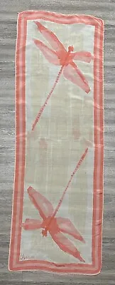 Vintage Vera Neumann Silk Scarf Pink Dragonfly 70s Rectangle 43  X 15  • $12