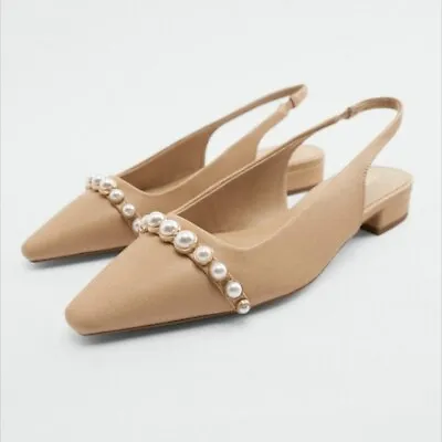 Zara Faux Pearl Sling Back Low Heel Flats Sandals Beige 6.5 8 9 NWT • $59