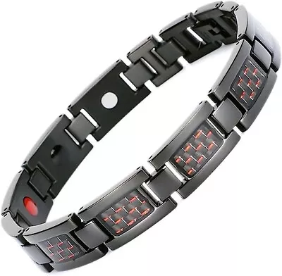 8.5  Mens Magnetic Steel Bracelet. Black W/ Black & Red Carbon Fiber. Fancy Box • $49.95