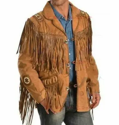 Men's Traditional Cowboy Western Leather Jacket Coat With Fringe Bone And Beads • $125