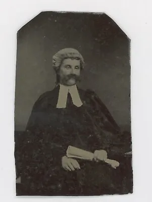 CIRCA 1870's-1880's TINTYPE WOMAN WITH WILD FAKE MUSTACHE DRESSED AS BARRISTER • $200
