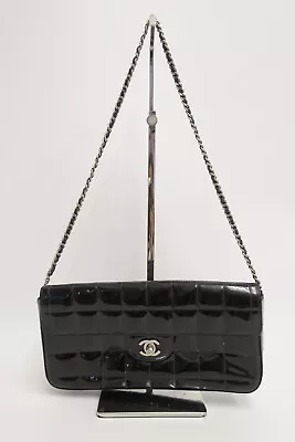 CHANEL Chocolate Bar Double Chain Turn Lock Patent Leather Shoulder Bag #27331 • £485.75