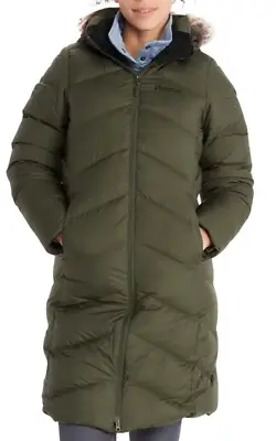 Marmot Women's Montreaux Full-Length Down Puffer Coat Nori Size Medium Fur Hood • $110.49