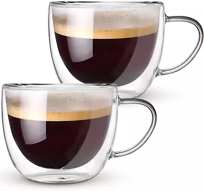 Double Walled Glass Coffee Mugs Set Of 2 8 Oz Insulated Coffee Mugs With Handle • $20.88