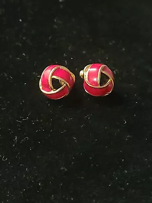 Vintage Monet Earrings 1980's Goldtone Red Enamel Openwork Love Knot Pierced   • $14.99