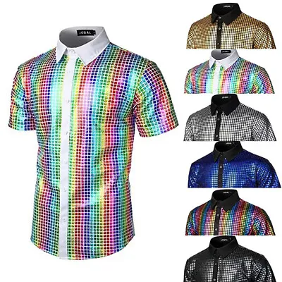 Men 70s Costume Rainbow Sequins Disco Party Dress Shirt Short Sleeve Button Down • $18.29