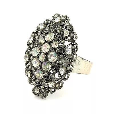 Vintage Aurora Borealis Ring Adjustable Silver Tone Filigree Large Statement • $35