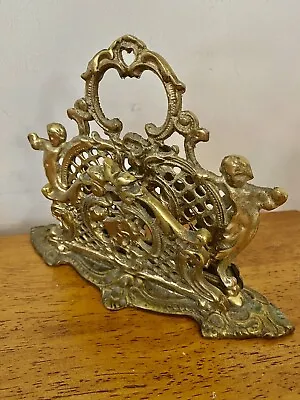 VTG Solid Brass Double Slot Napkin/Mail Holder Ornate Caddy W/Handle & Cherubs • $14.99