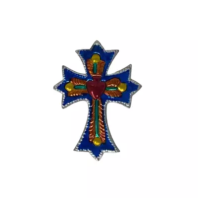 Rustic & Vintage Mexican Folk Art Blue Tin Cross With Red Milagro Heart • $9.95