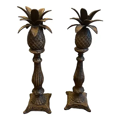 (2) Antique Pineapple Brass Heavy Iron Candelabras 15 Inch Candlestick Holders • $60.99