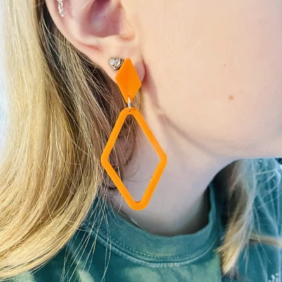 60s 70s 80s Orange  GEOMETRIC Dangle Drop STUDS Earrings  Club Festival Retro • £3.50