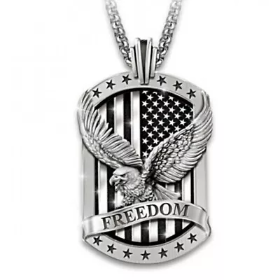 Men's Silver Bald Eagle W. American Flag Pendant Necklace Punk Biker Jewelry 24  • $8.99