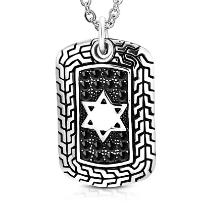 Stainless Steel Black CZ Jewish Star Of David Dog Tag Mens Pendant Necklace • $19.99