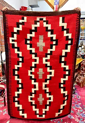 Auth: Antique American Indian Navajo Rug / Blanket    With Crosses    Red 4x6 NR • £398.13