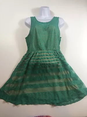 Love Fire Large Womans Large Green Sundress Lace Striped  Mesh Skater Dress 1360 • $11.20