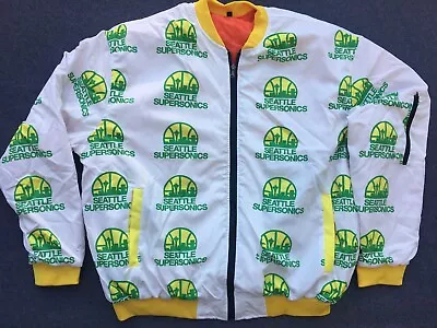 Seattle Sonics Jacket  All Over  Print Bomber Satin Supersonics Vtg Sz XL • $119.99