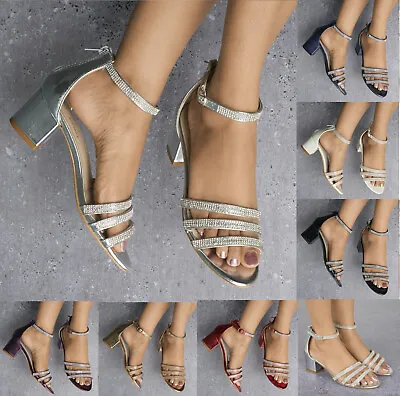 £13.99 • Buy Ladies Diamante Detail Strappy Low Mid Block Heel Peep Toe Sandals Shoes 3-8