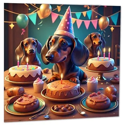 Dachshund Birthday Party Card - Cute Sausage Dog Dachshund Card 145mm X 145mm • £2.99