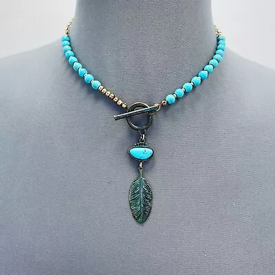 Turquoise Beads Deco Patina Tone Feather Design Pendant Choker Necklace • $9.99